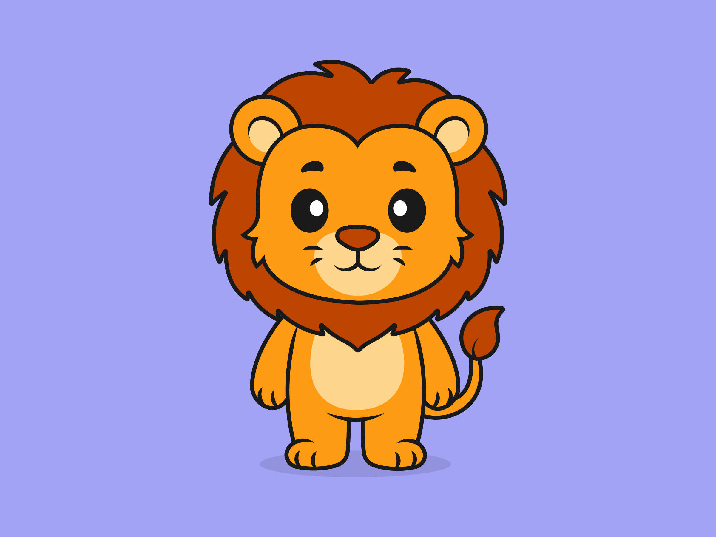 Cute Lion Standing Front View – Flat Vector Cartoon Illustration of a Lion Character