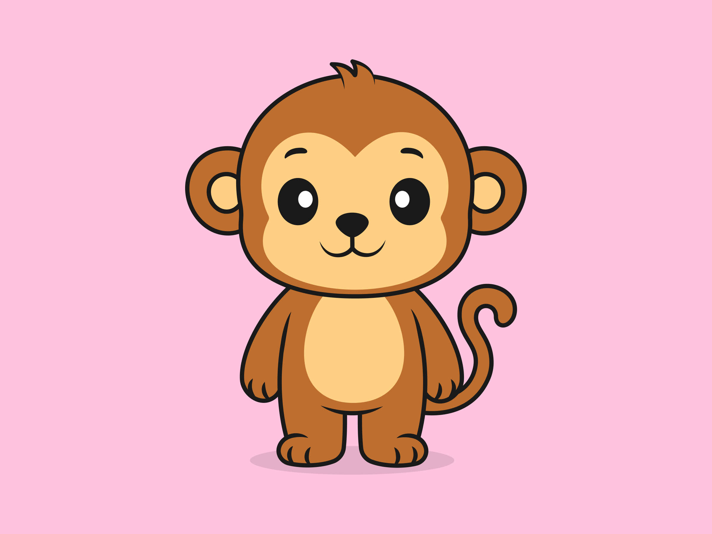 Cute Monkey Standing Front View – Flat Vector Cartoon Illustration of a Monkey Character