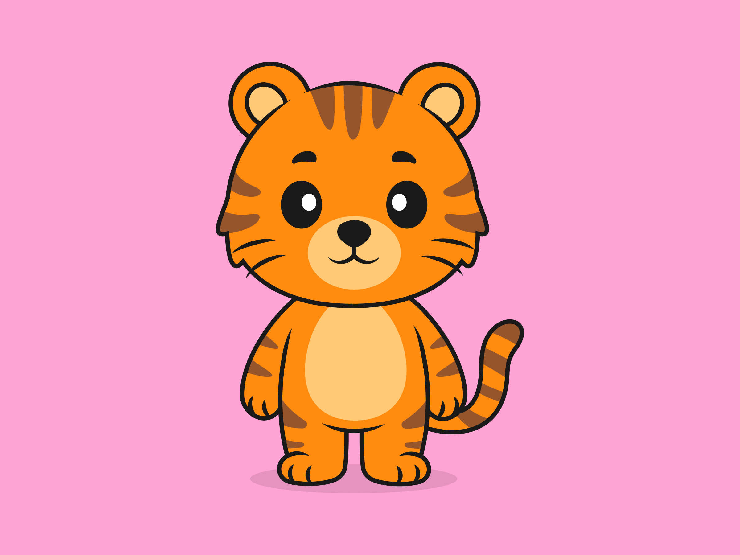 Cute Tiger Standing Front View – Flat Vector Cartoon Illustration of a Tiger Character