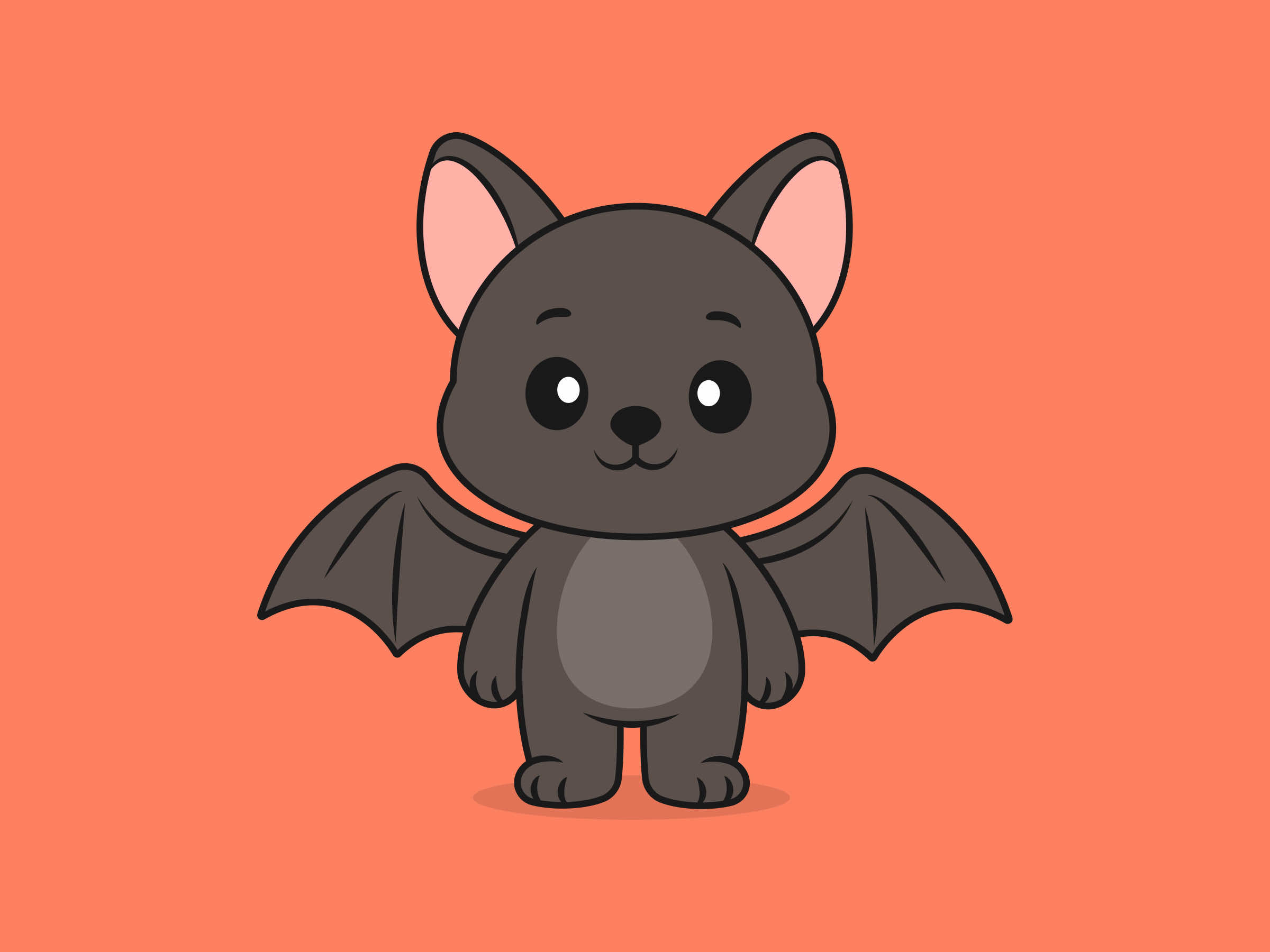 Cute Bat Standing Front View – Flat Vector Cartoon Illustration of a Bat Character, Isolated Icon Concept