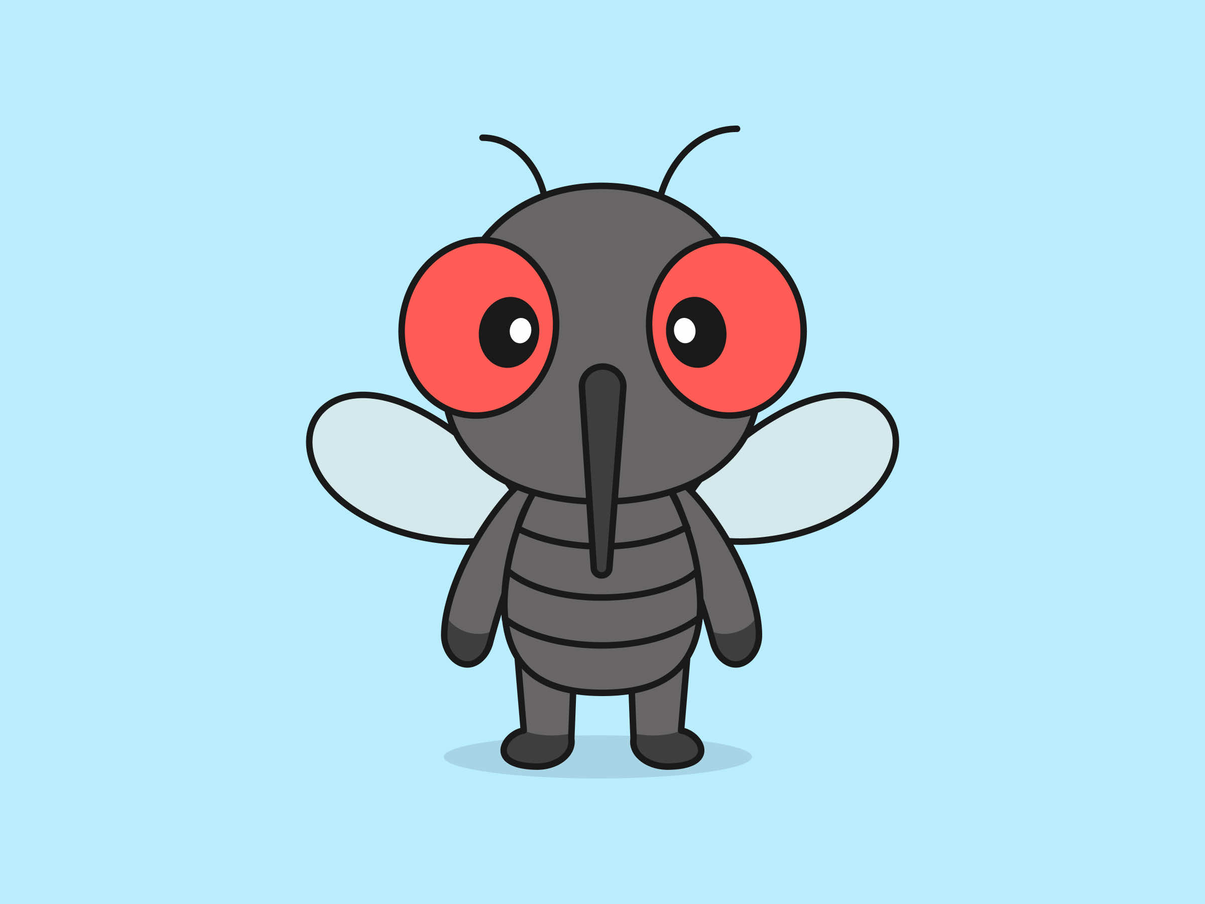 Cute Mosquito Standing Front View – Flat Vector Cartoon Illustration of a Mosquito Character, Isolated Icon Concept