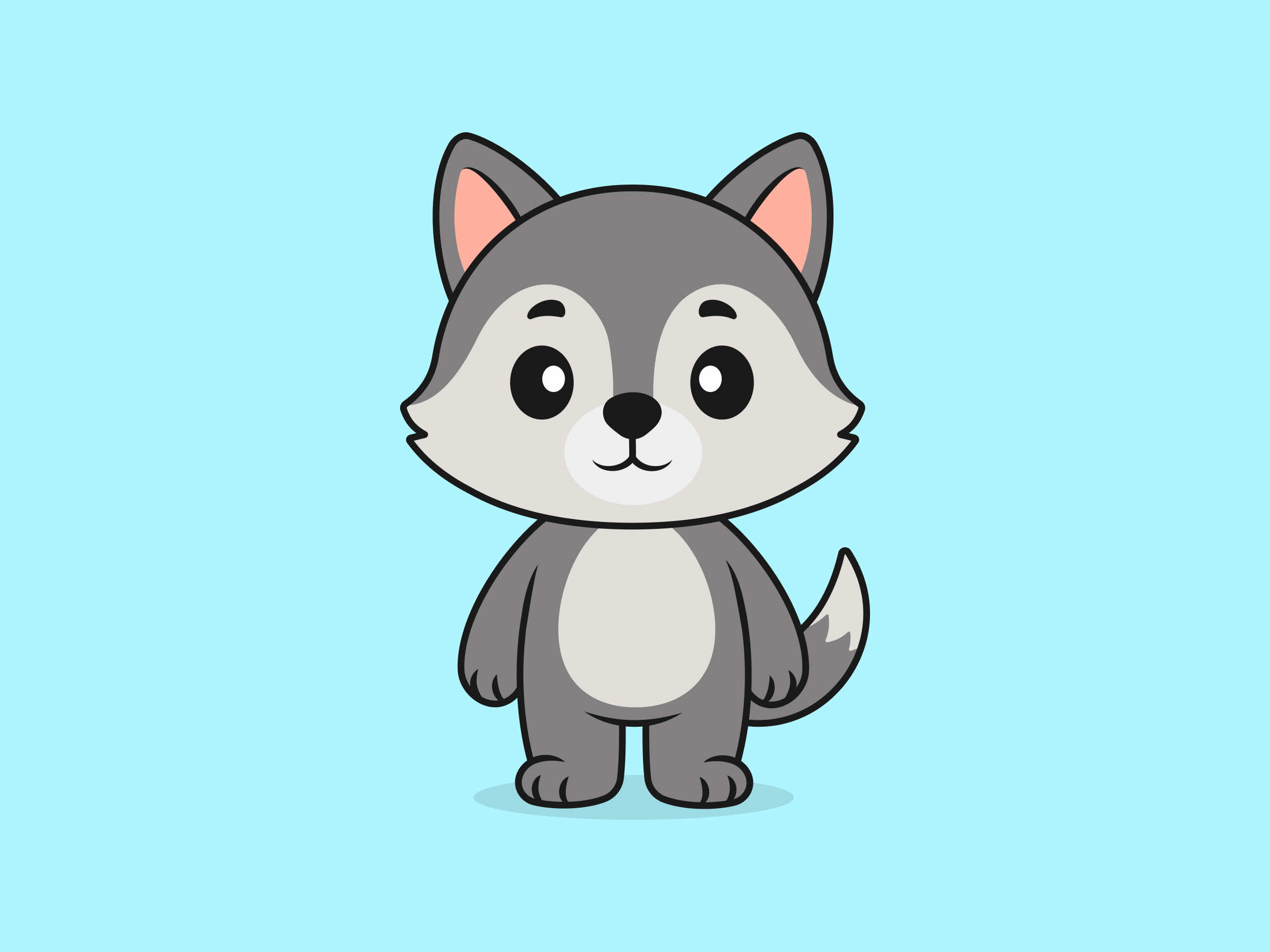 Cute Wolf Standing Front View – Flat Vector Cartoon Illustration of a Wolf Character, Isolated Icon Concept
