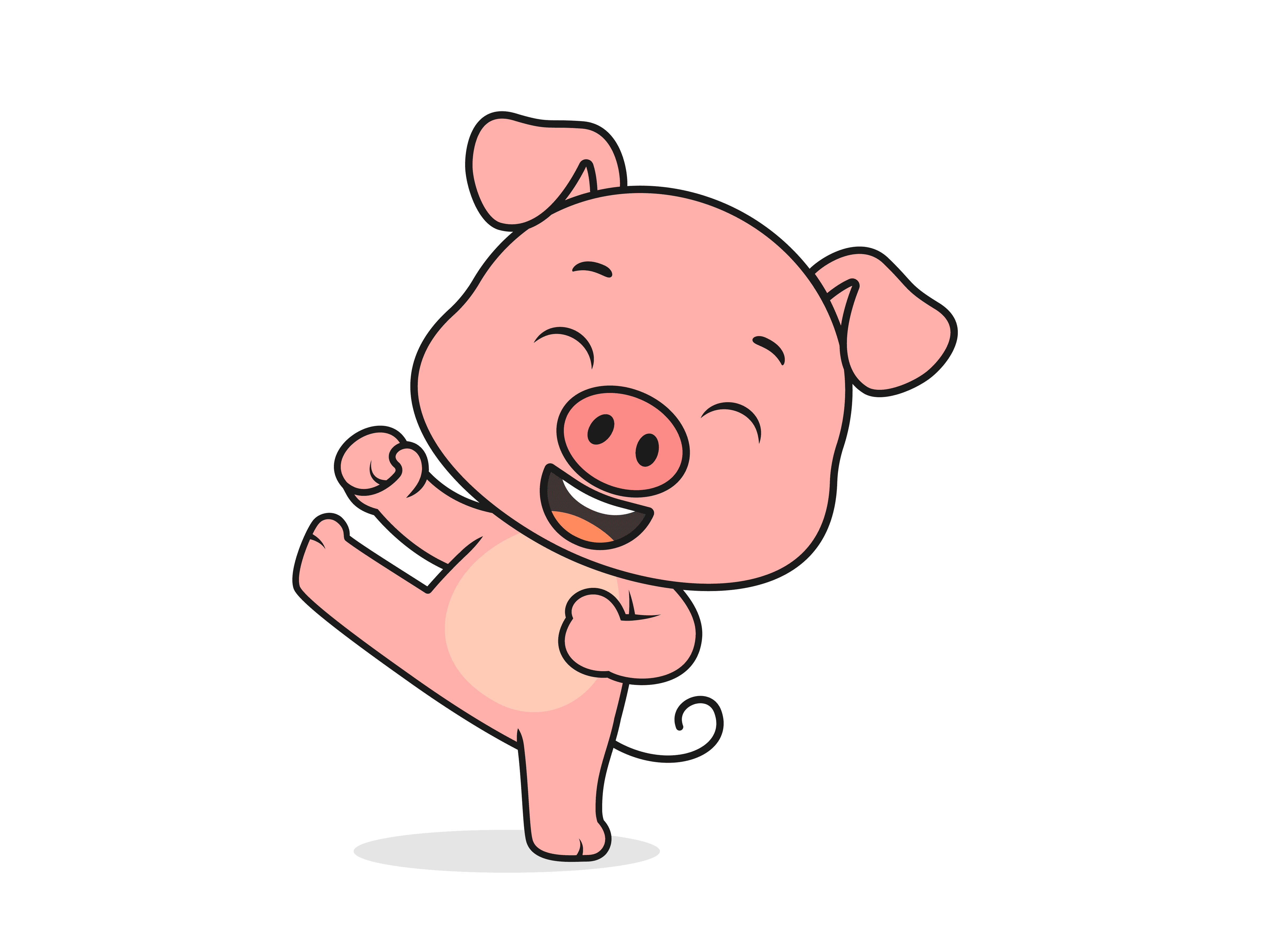 Cute Pig High Kick Pose – Flat Vector Cartoon Illustration of a Pig Character