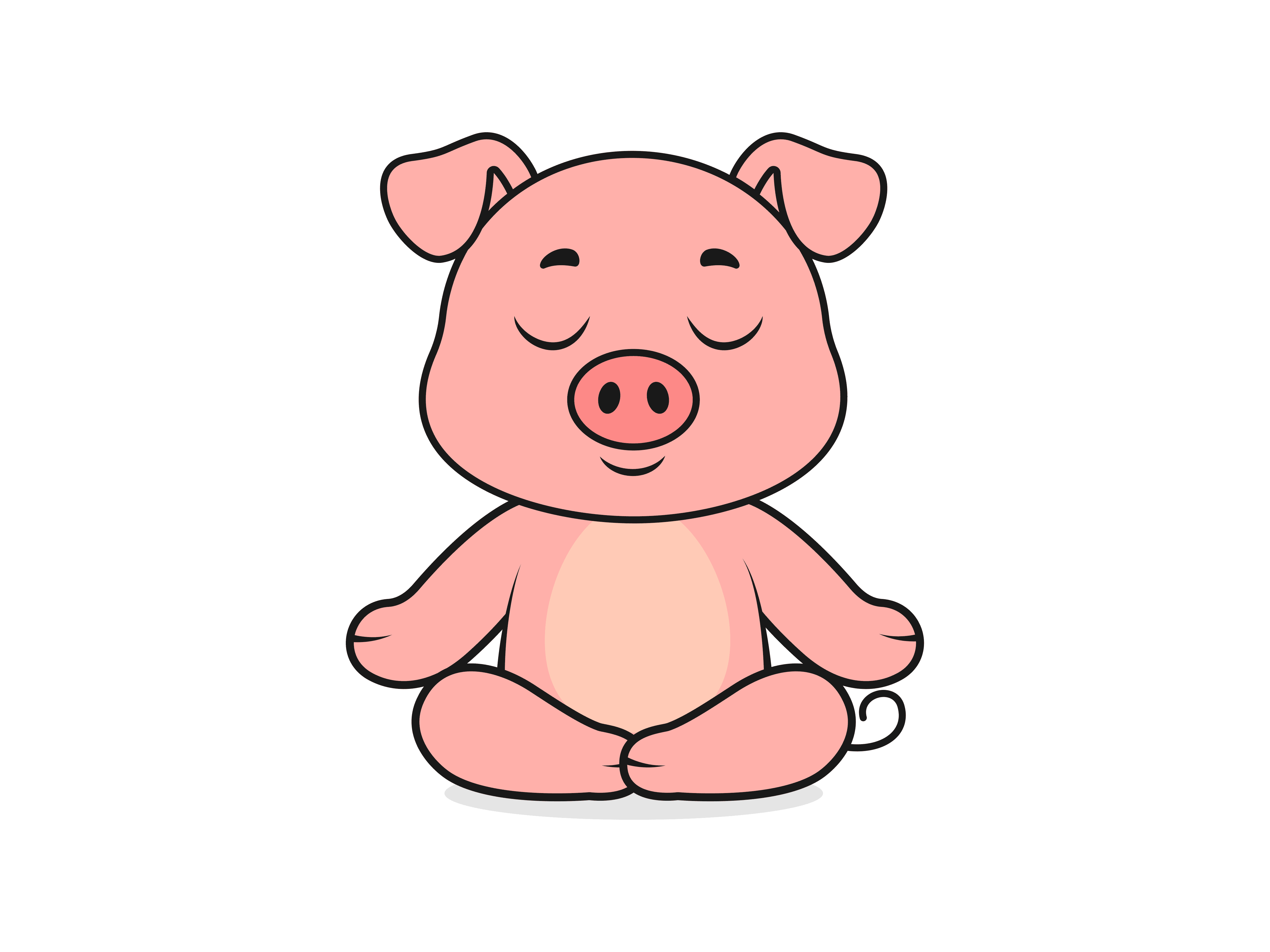 Cute Pig Meditation Pose – Flat Vector Cartoon Illustration of a Pig Character